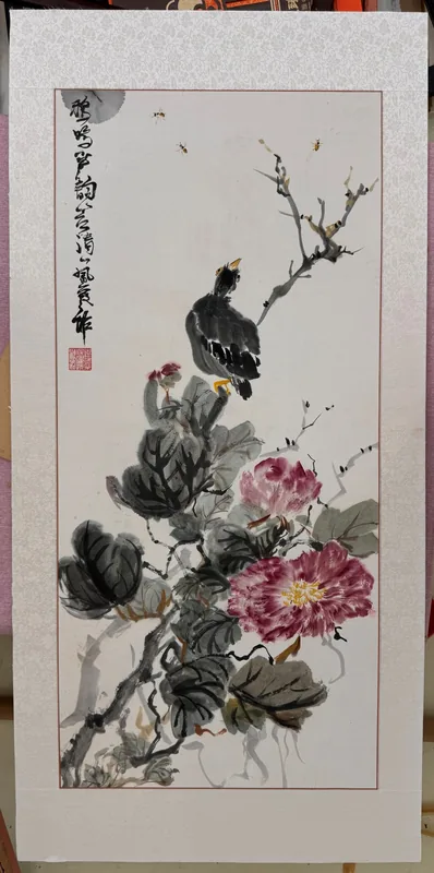Poppy and Peony, 2017, Heavy Color on Antique-Simulated Silk (Oval Palace Fan)