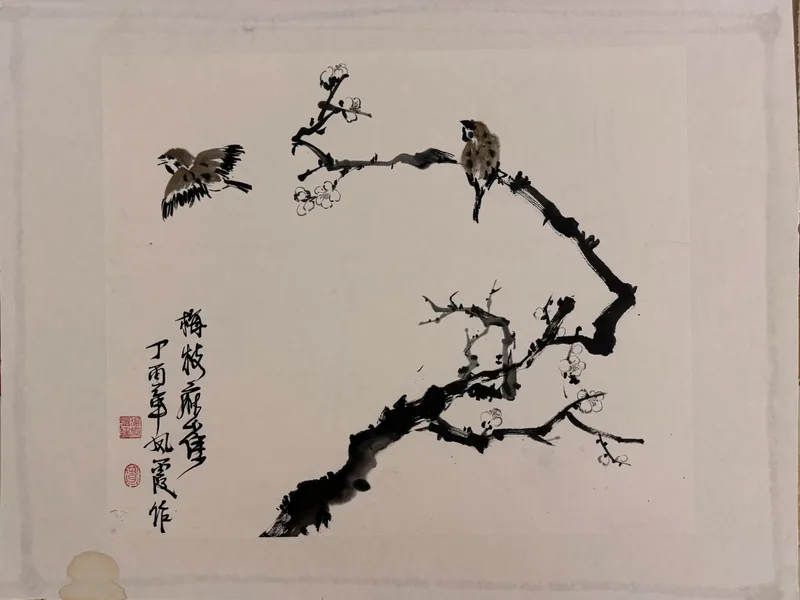 Two Sparrows on Winter Plum, 2017, Raw Rice Paper Ink Painting, Square Cardboard