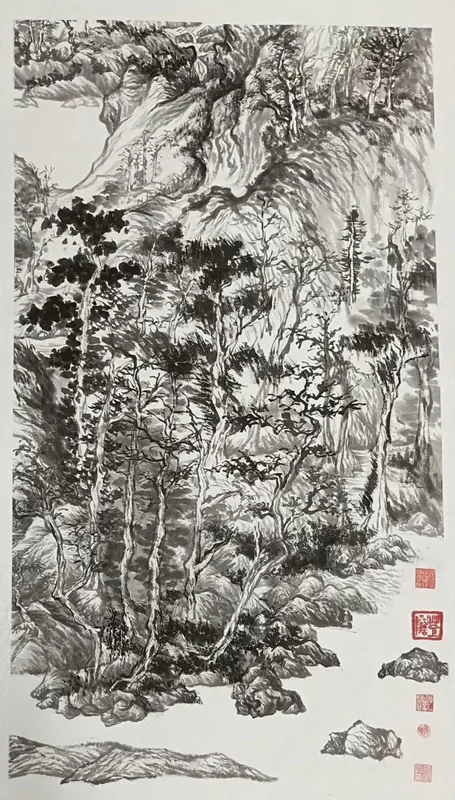 Dense Woods on Autumn Mountain, 2018, Raw Rice Paper Ink Vertical Scroll