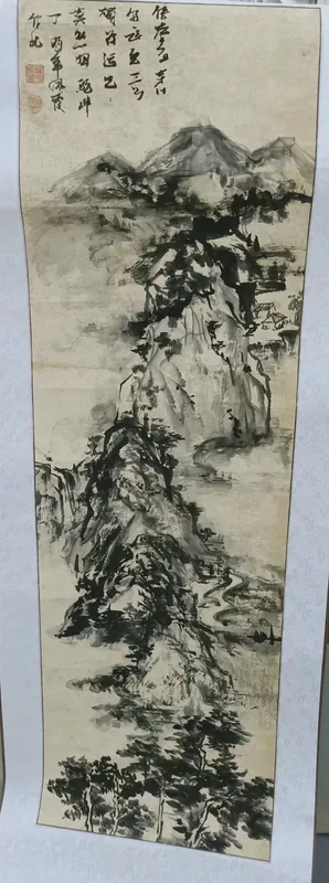 Village Among Misty Ridges, 2017, Ink on Antique Rice Paper Narrow Vertical Scroll