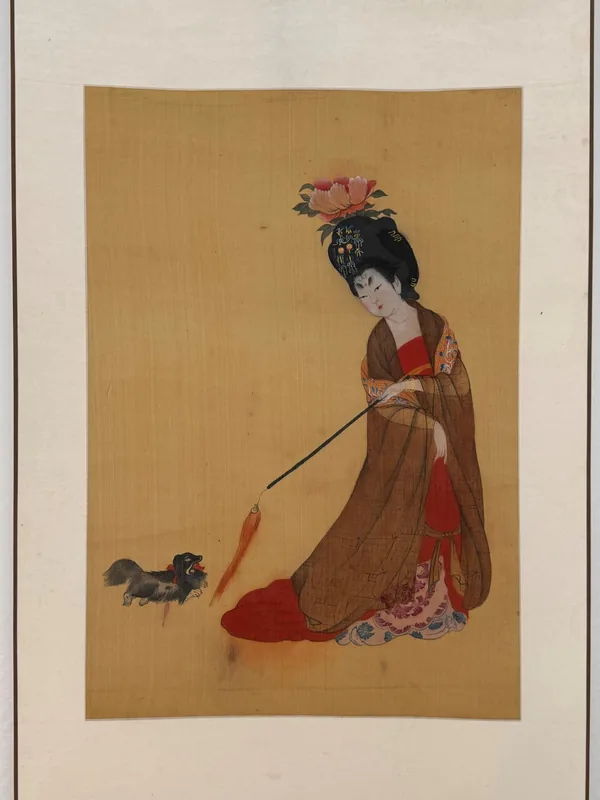 Tang Noble Lady Playing with Dog, 2018, Heavy Color on Antique Silk