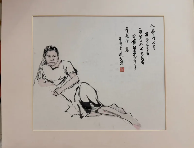 Republic-era Leisure Posture, 2018–2019, Framed square rice paper card, freehand ink painting